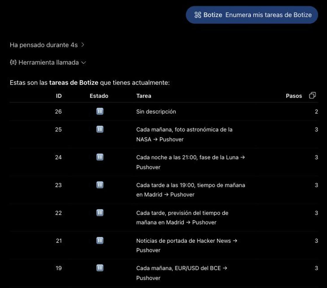 ChatGPT's reply with the tool-call notice and the table of tasks with id, status and steps