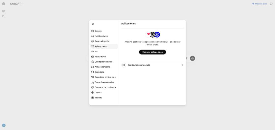 Apps panel in ChatGPT settings