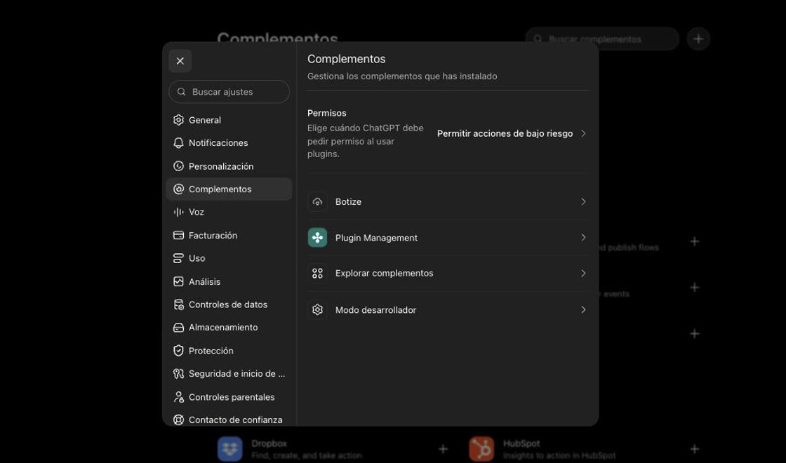 Plugins panel in ChatGPT settings