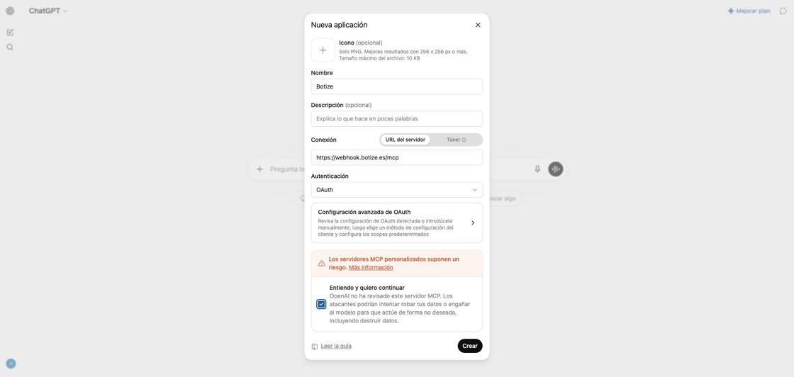 New app form with Botize's name and URL