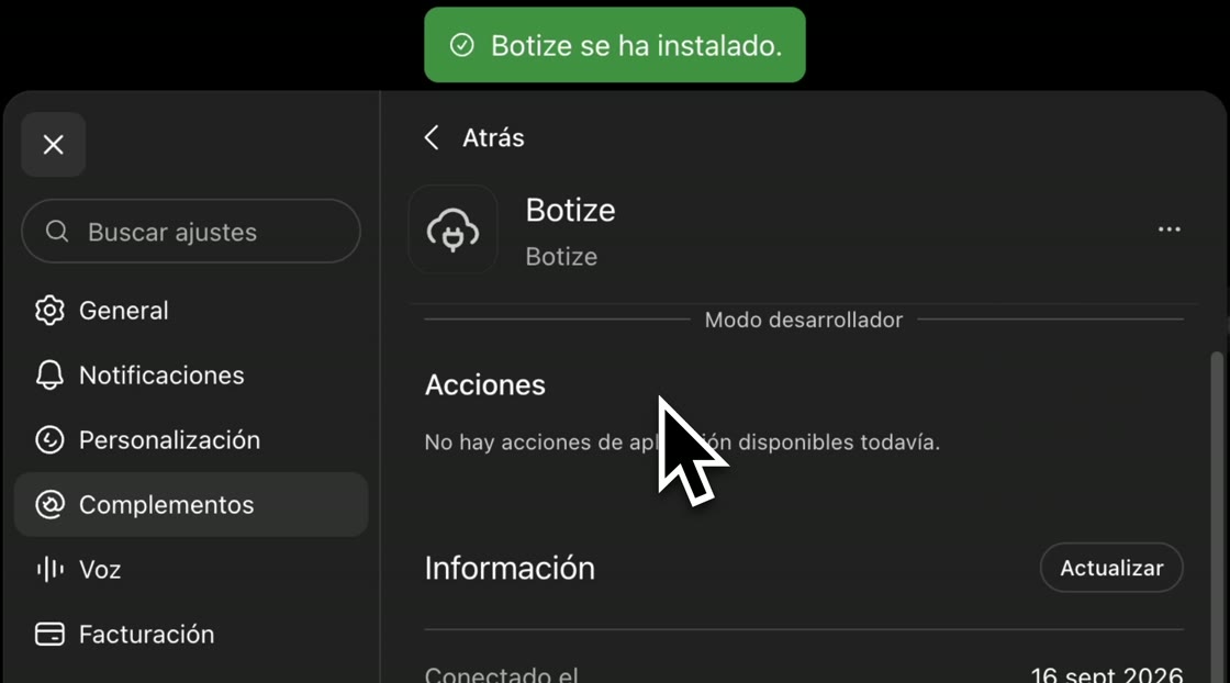 Botize installed notice and the plugin panel