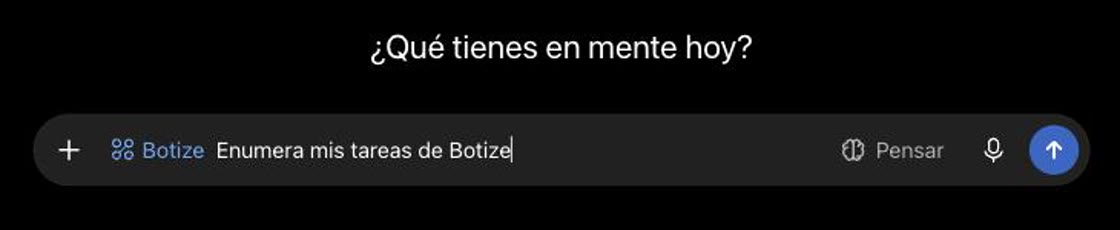 ChatGPT's message box with the Botize label and the message asking it to list your Botize tasks