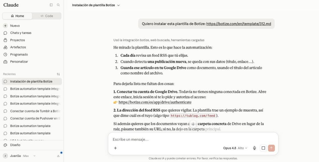 Claude's reply explaining the template and guiding the install