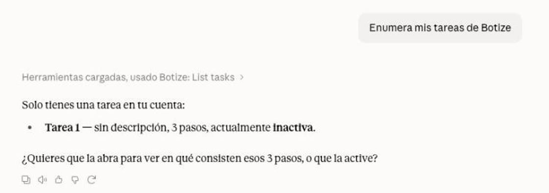 Claude's reply, with the notice that it used Botize and the task in the account
