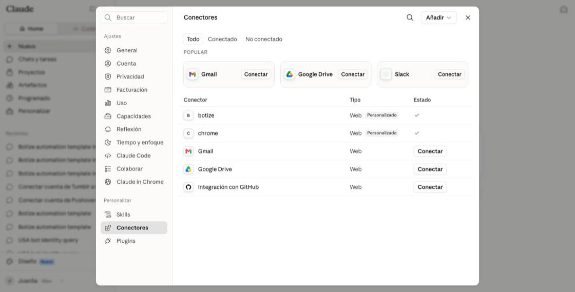 Connectors list in Claude settings