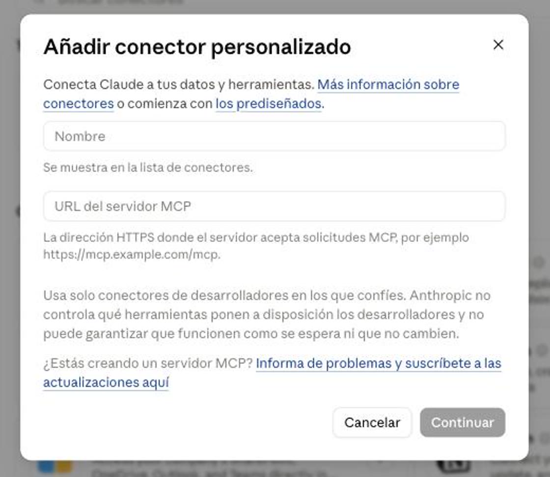 The empty “Add custom connector” box, with the Name and MCP server URL fields