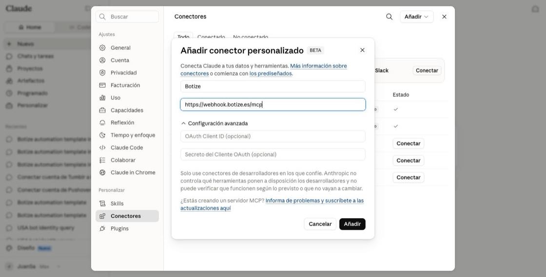 Connector form with Botize's name and URL